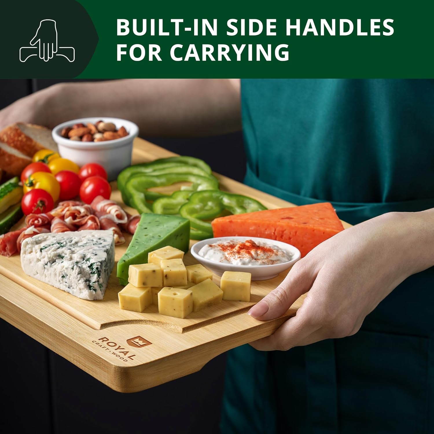 ROYAL CRAFT WOOD Bamboo Cutting Board with Juice Groove - Kitchen Chopping Board for Meat Cheese and Vegetables, Heavy Duty Serving Tray w\/Handles (Large,10 x 15") - Image 8