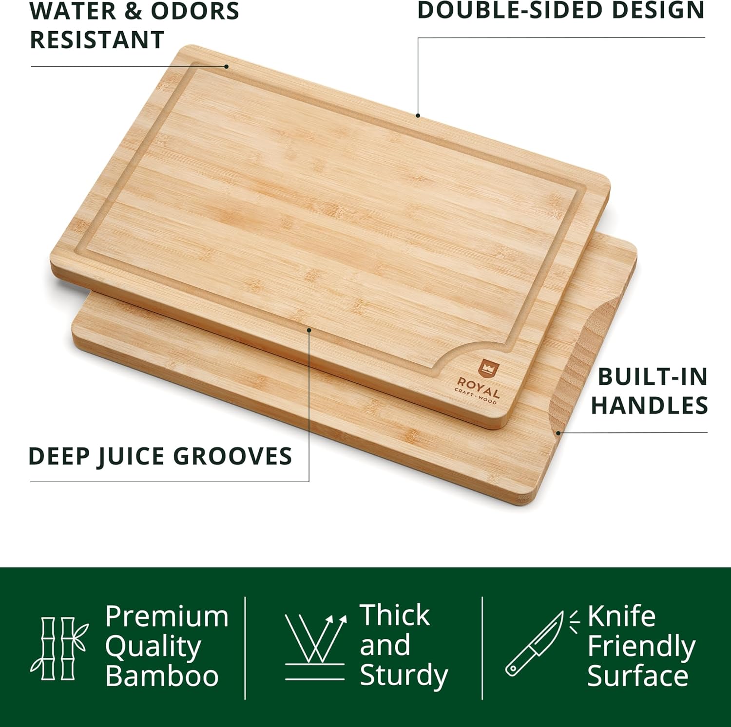 ROYAL CRAFT WOOD Bamboo Cutting Board with Juice Groove - Kitchen Chopping Board for Meat Cheese and Vegetables, Heavy Duty Serving Tray w\/Handles (Large,10 x 15") - Image 3