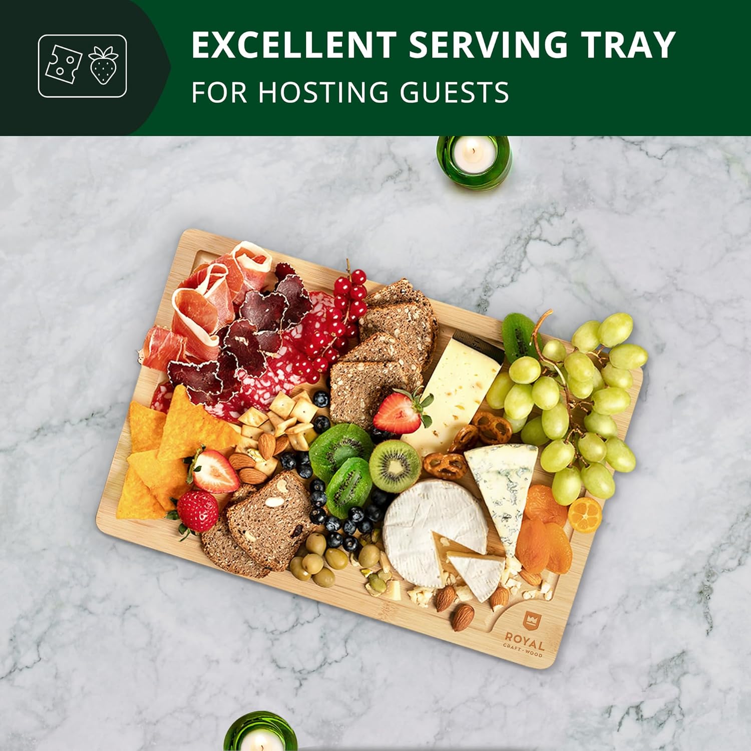 ROYAL CRAFT WOOD Bamboo Cutting Board with Juice Groove - Kitchen Chopping Board for Meat Cheese and Vegetables, Heavy Duty Serving Tray w\/Handles (Large,10 x 15") - Image 9