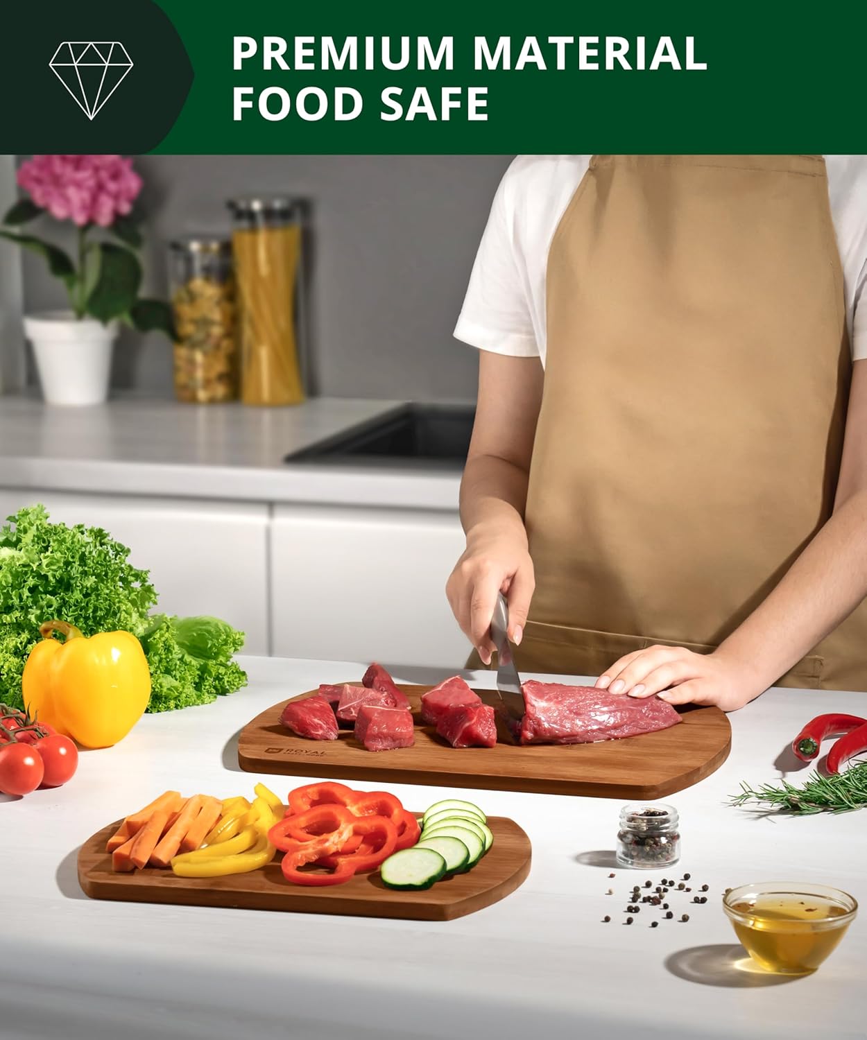 ROYAL CRAFT WOOD Cutting Boards for Kitchen - Wooden Cutting Board for Meal Prep & Serving, Non-Toxic Bamboo Chopping Board, Carbonized Bamboo Durable Charcuterie & Lightweight Serving Boards (2 pcs) - Image 2