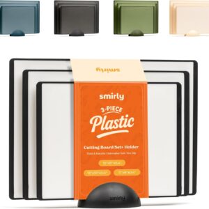 SMIRLY Plastic Cutting Board Set with Holder 3 Pieces, Non-Slip Dishwasher Safe Chopping Boards for Kitchen, Black & White