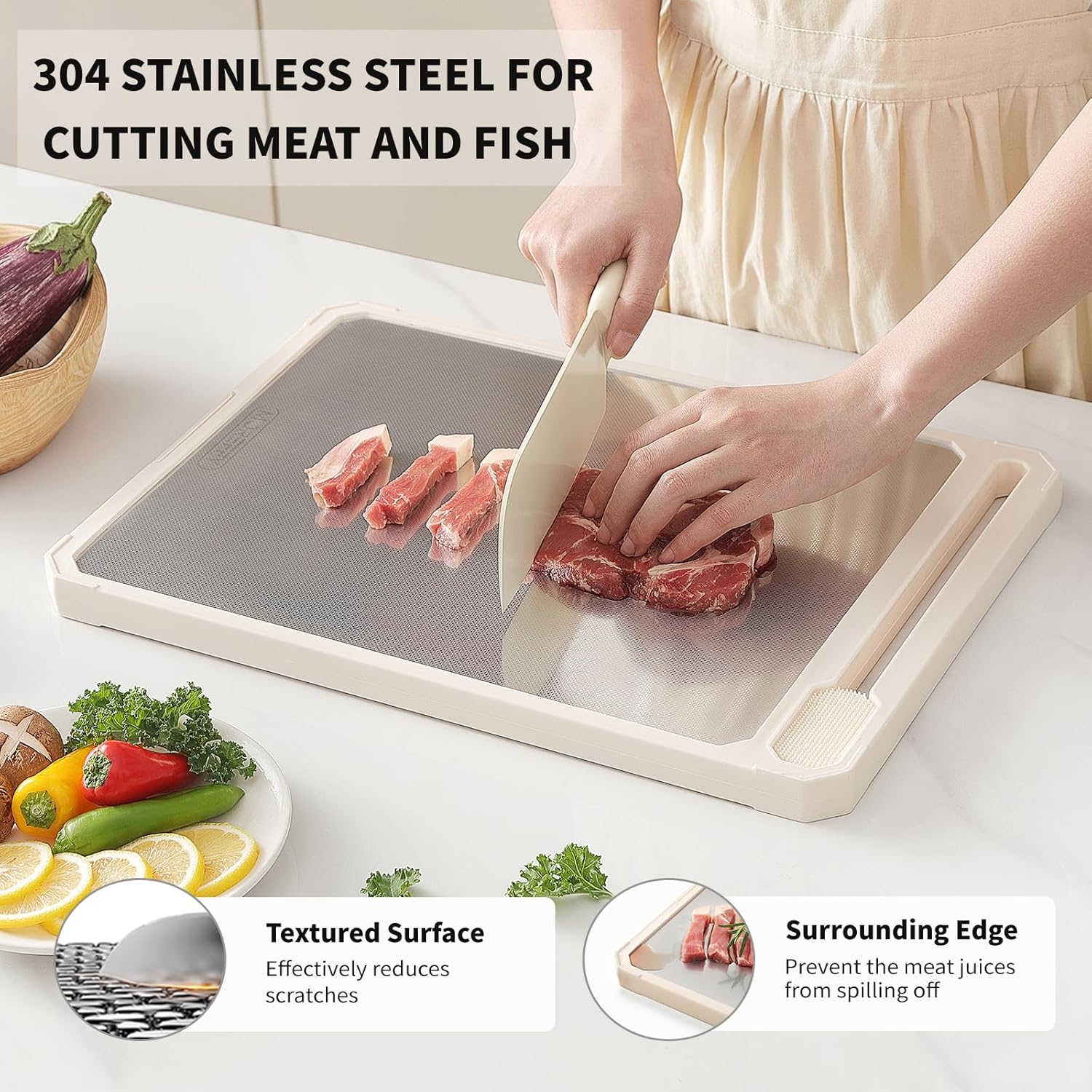 Stainless Steel Cutting Board for Kitchen, Double Sided 304 Stainless Steel & Wheat Straw PP, Non Toxic Cutting Board, Scratch-Resistant, Easy to Clean, Non-Slip, Large Size 17×12×0.9” - Image 4