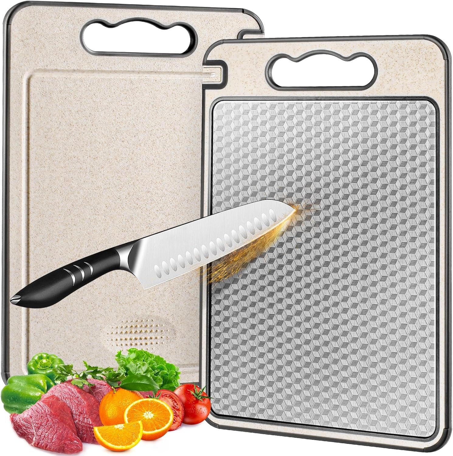 Stainless Steel Cutting Board for Kitchen, Non Toxic Large Chopping Board Double Sided Non-slip Scratch-resistant Mesh Design with Juice Groove Food-Grade Wheat Straw PP 15×10 In Easy to Clean