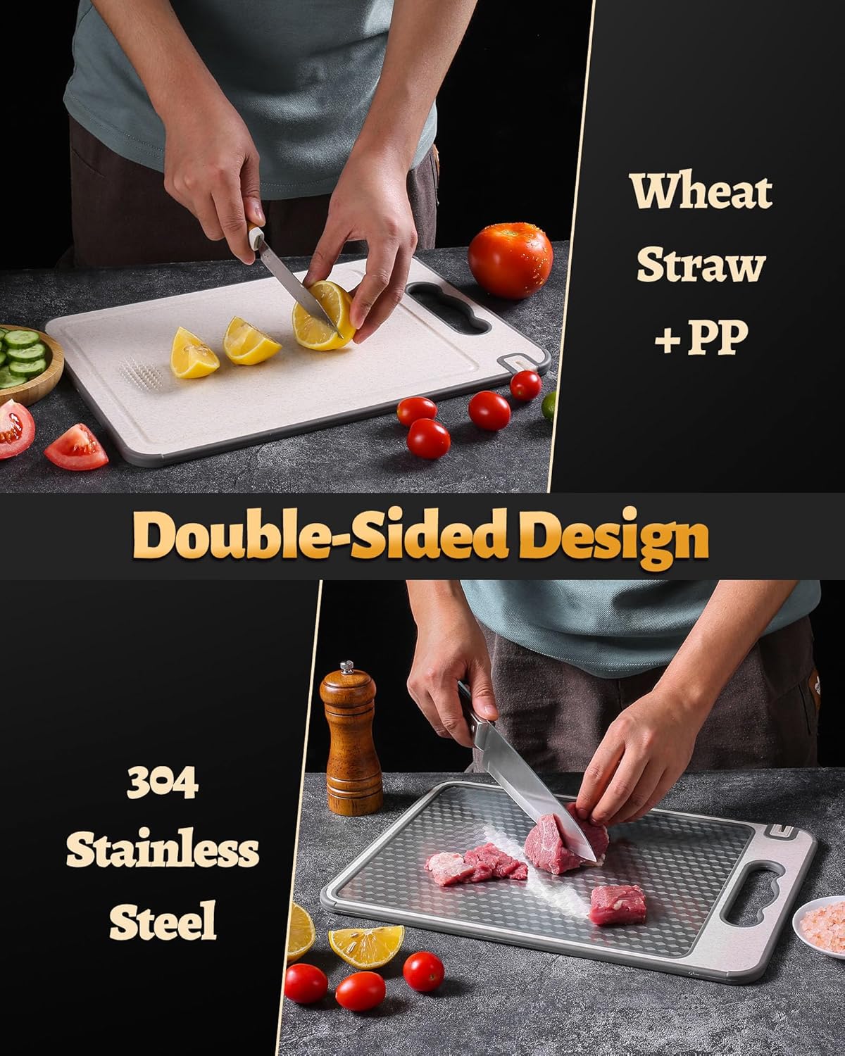 Stainless Steel Cutting Board for Kitchen, Non Toxic Large Chopping Board Double Sided Non-slip Scratch-resistant Mesh Design with Juice Groove Food-Grade Wheat Straw PP 15×10 In Easy to Clean - Image 3