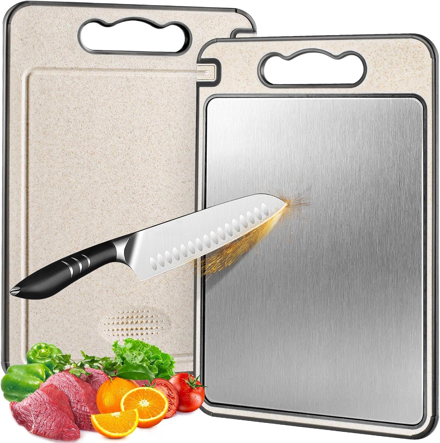 Stainless Steel Cutting Board for Kitchen, Non Toxic Large Chopping Board Double Sided Non-slip Scratch-resistant Mesh Design with Juice Groove Food-Grade Wheat Straw PP 15×10 In Easy to Clean - Image 11