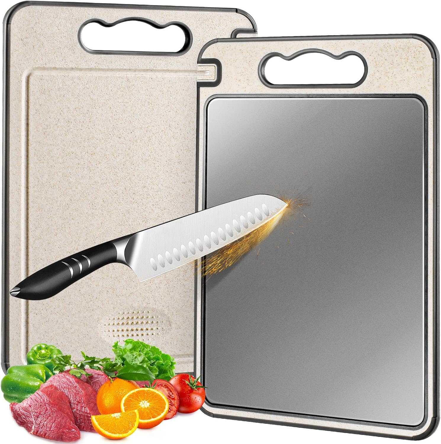 Stainless Steel Cutting Board for Kitchen, Non Toxic Large Chopping Board Double Sided Non-slip Scratch-resistant Mesh Design with Juice Groove Food-Grade Wheat Straw PP 15×10 In Easy to Clean - Image 8