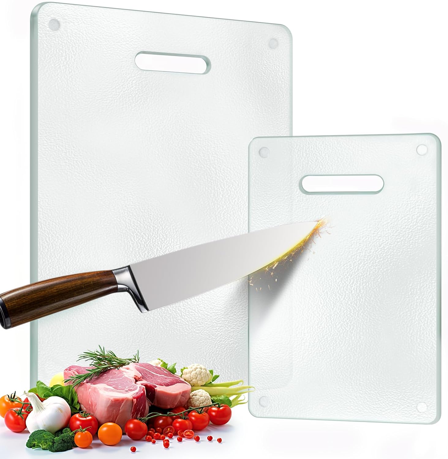 Tempered Glass Cutting Board for Kitchen, 2PCS Clear Chopping Board with Handle (16"x12" & 12"x8"), Scratch Resistant, Heat Resistant, Dishwasher Safe, Non-toxic, Easy to Clean