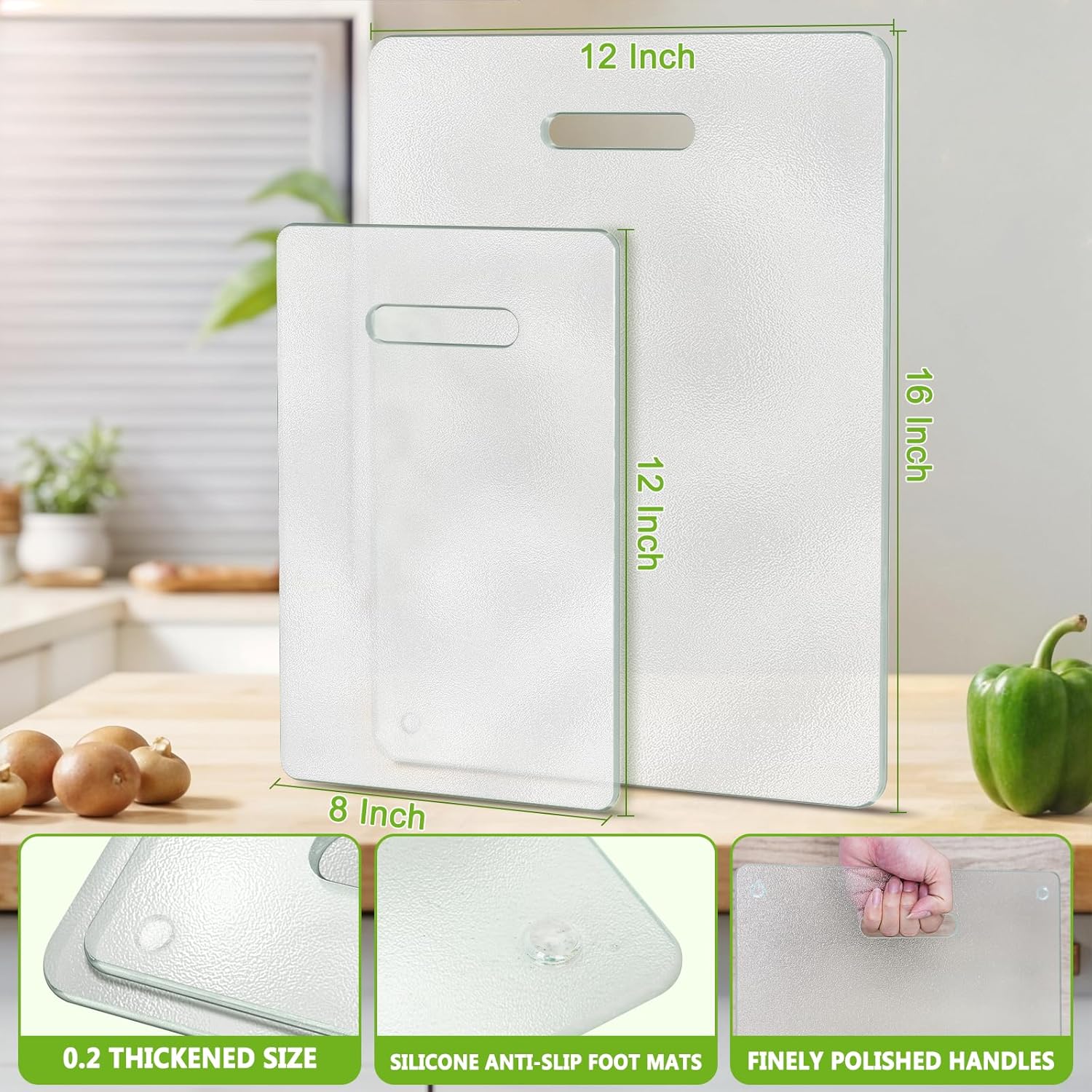 Tempered Glass Cutting Board for Kitchen, 2PCS Clear Chopping Board with Handle (16"x12" & 12"x8"), Scratch Resistant, Heat Resistant, Dishwasher Safe, Non-toxic, Easy to Clean - Image 2