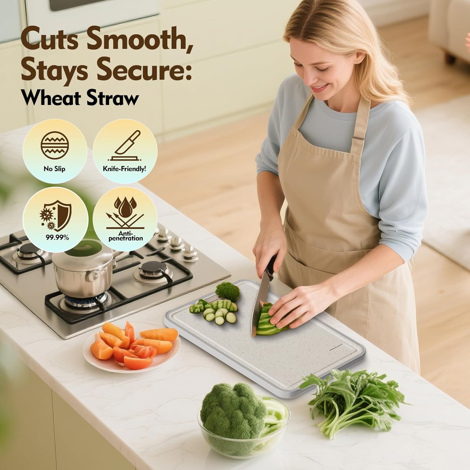 Titanium Cutting Board, Dual Sided Food Grade Titanium & Wheat Straw PP, Non Slip Scratch Resistant Easy Clean, cutting boards for kitchen, 15.16" x 10.43" - Image 4