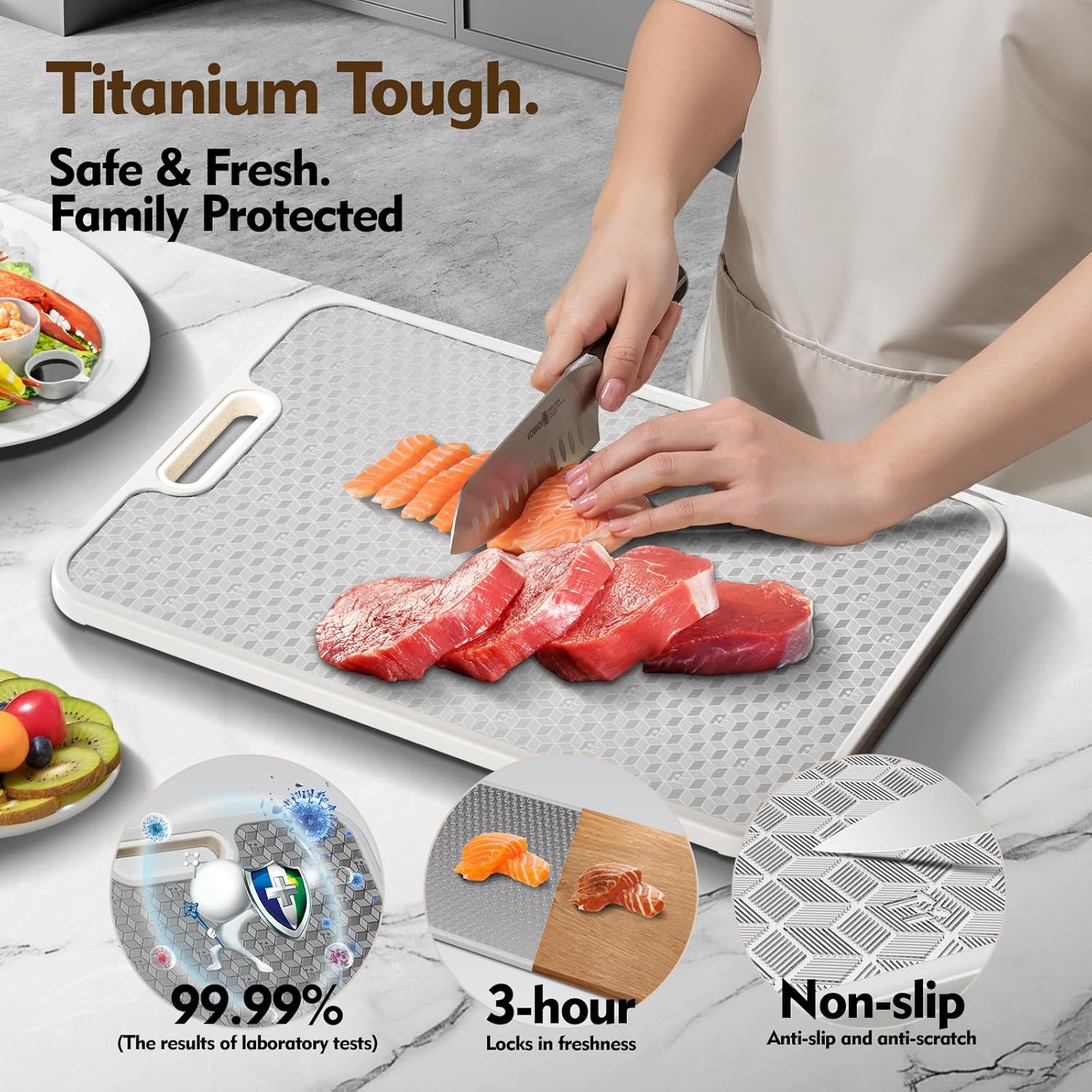 Titanium Cutting Board, Dual Sided Food Grade Titanium & Wheat Straw PP, Non Slip Scratch Resistant Easy Clean, cutting boards for kitchen, 15.16" x 10.43" - Image 3