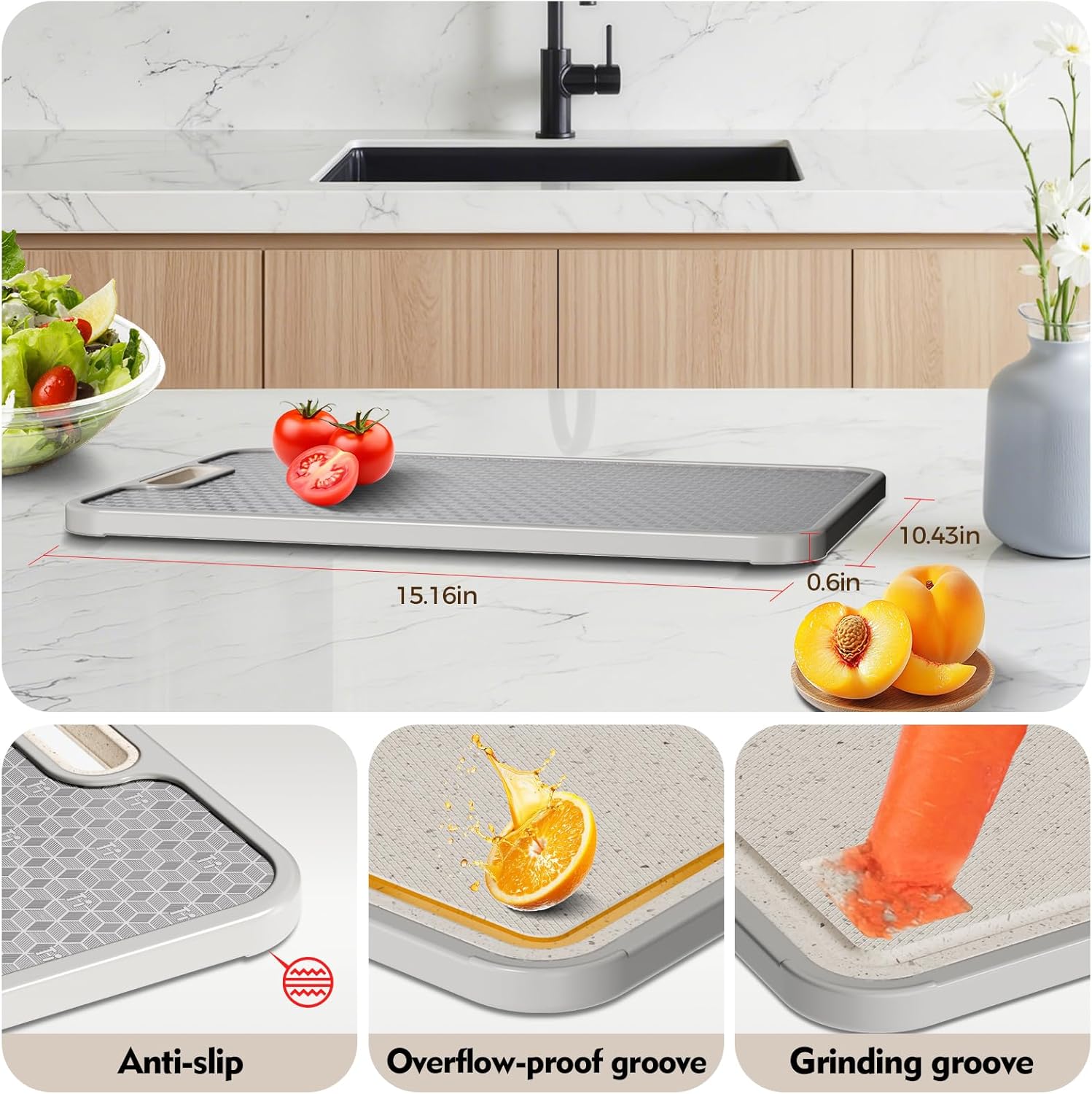Titanium Cutting Board, Dual Sided Food Grade Titanium & Wheat Straw PP, Non Slip Scratch Resistant Easy Clean, cutting boards for kitchen, 15.16" x 10.43" - Image 5