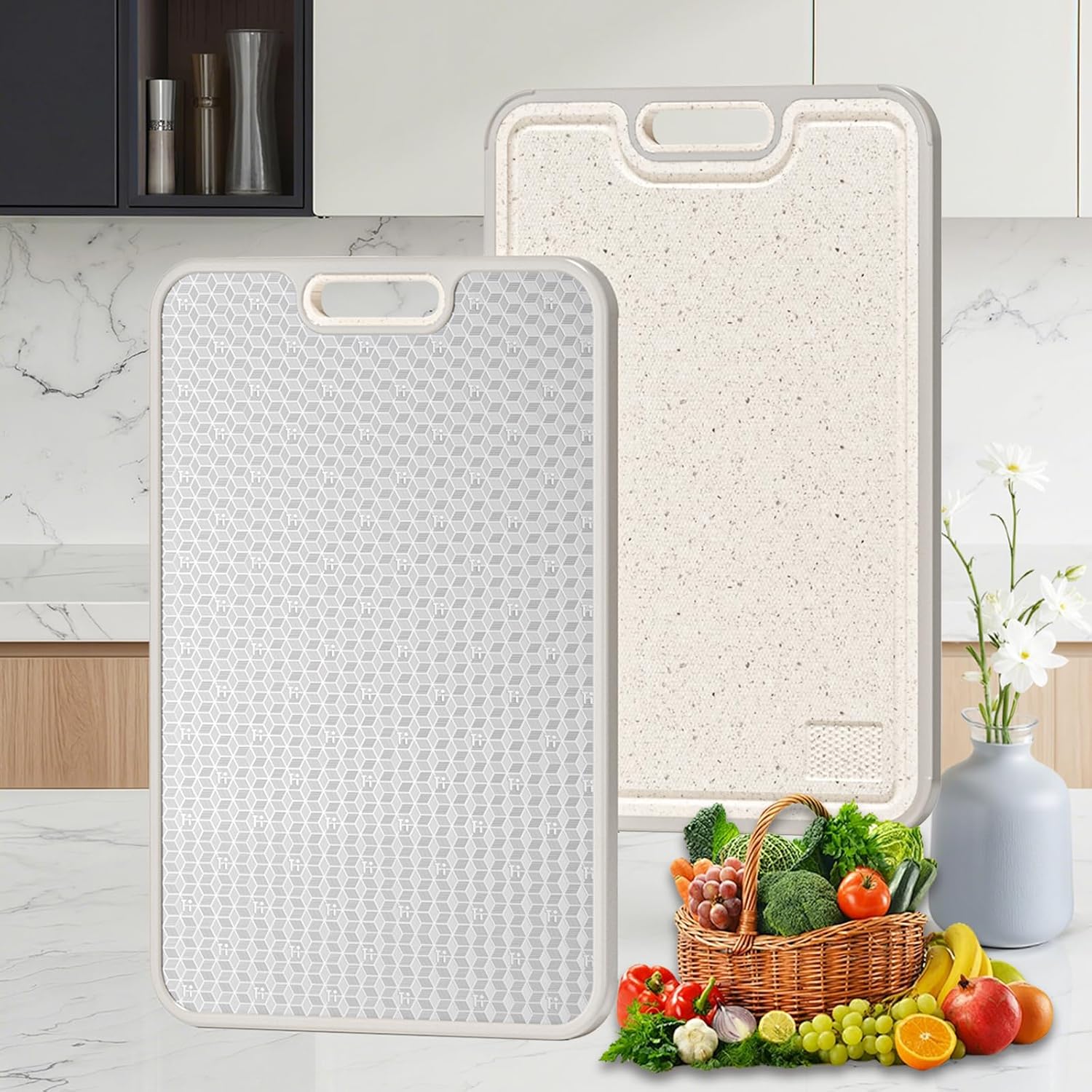 Titanium Cutting Board, Dual Sided Food Grade Titanium & Wheat Straw PP, Non Slip Scratch Resistant Easy Clean, cutting boards for kitchen, 15.16" x 10.43"