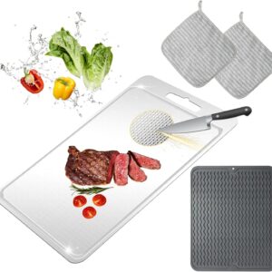 Titanium Cutting Board-Pure Titanium Cutting Boards For Kitchen，Double-Sided Metal Cutting Board with Juice Groove, Separates Meat and Vegetables, Dishwasher Safe (Pattern 14×10 Inch)