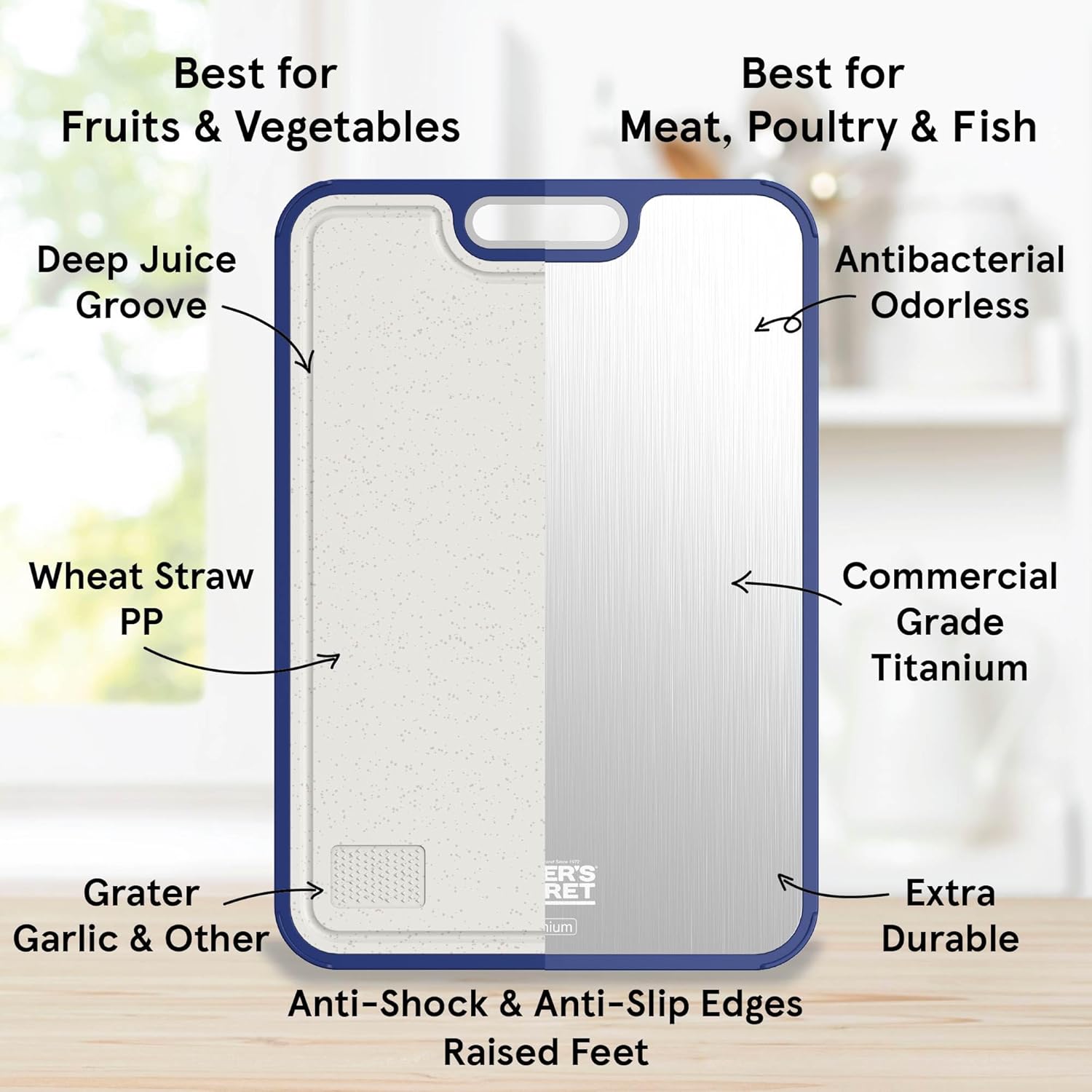 Titanium Cutting Boards for Kitchen, Cutting Board Double Sided Food Grade, Pure Titanium and Wheat Straw PP, Dishwasher Safe Easy to Clean Large Size 16\u201D×11\u201D Navy Blue by Baker's Secret - Image 3