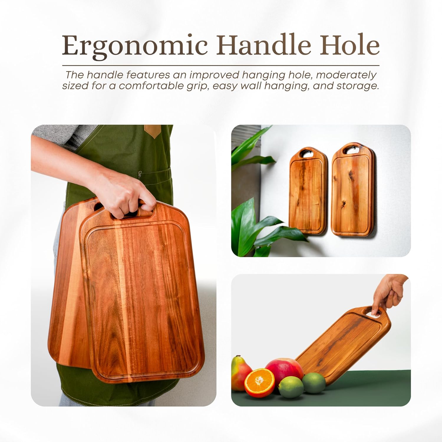 VieWood Acacia Wood Cutting Board with Juice Groove, Hanging Hole & Grip Handle for Meat, Vegetables and Cheese, Knife Friendly, Caperci Better Wood Chopping Board - Image 5