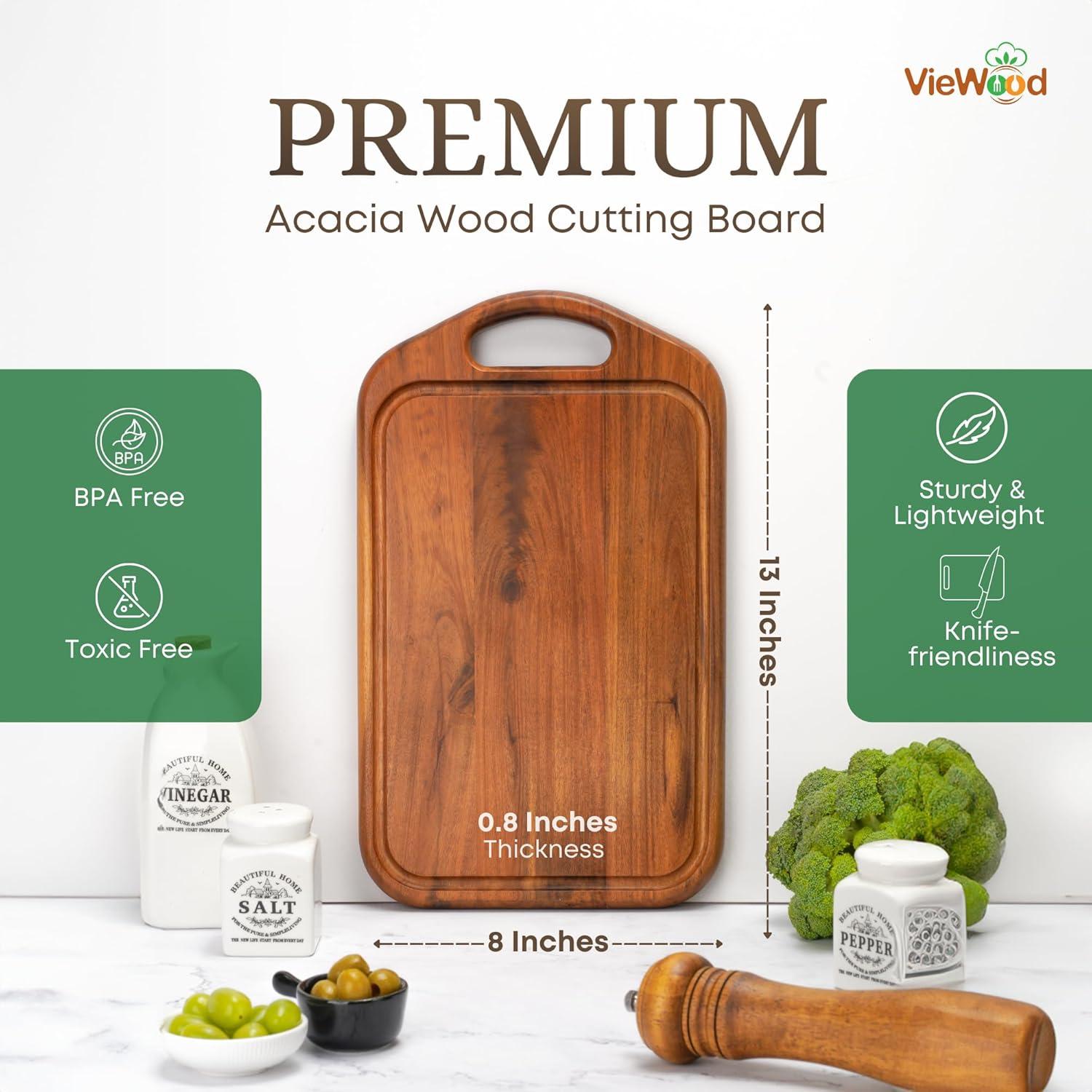 VieWood Acacia Wood Cutting Board with Juice Groove, Hanging Hole & Grip Handle for Meat, Vegetables and Cheese, Knife Friendly, Caperci Better Wood Chopping Board - Image 2