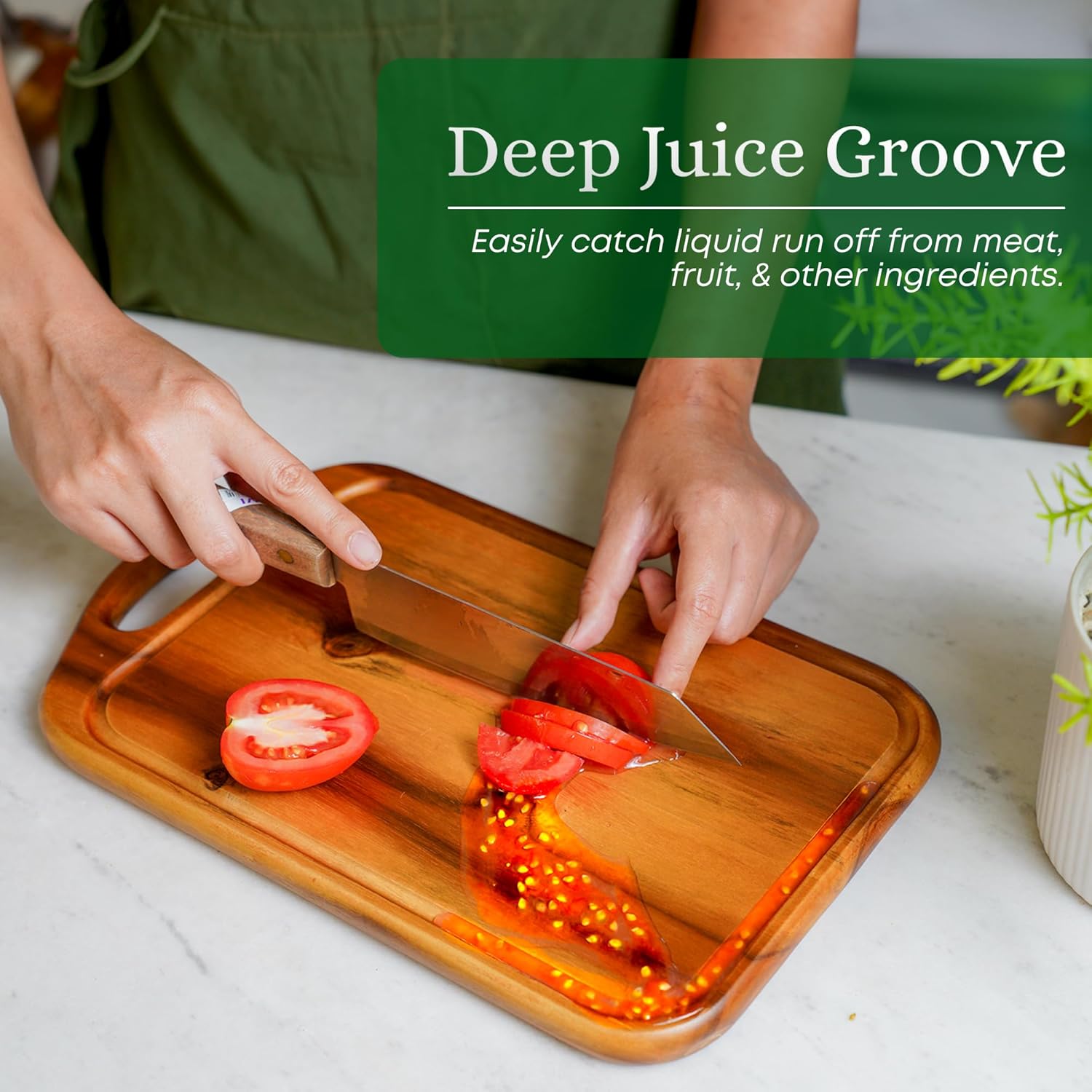 VieWood Acacia Wood Cutting Board with Juice Groove, Hanging Hole & Grip Handle for Meat, Vegetables and Cheese, Knife Friendly, Caperci Better Wood Chopping Board - Image 4