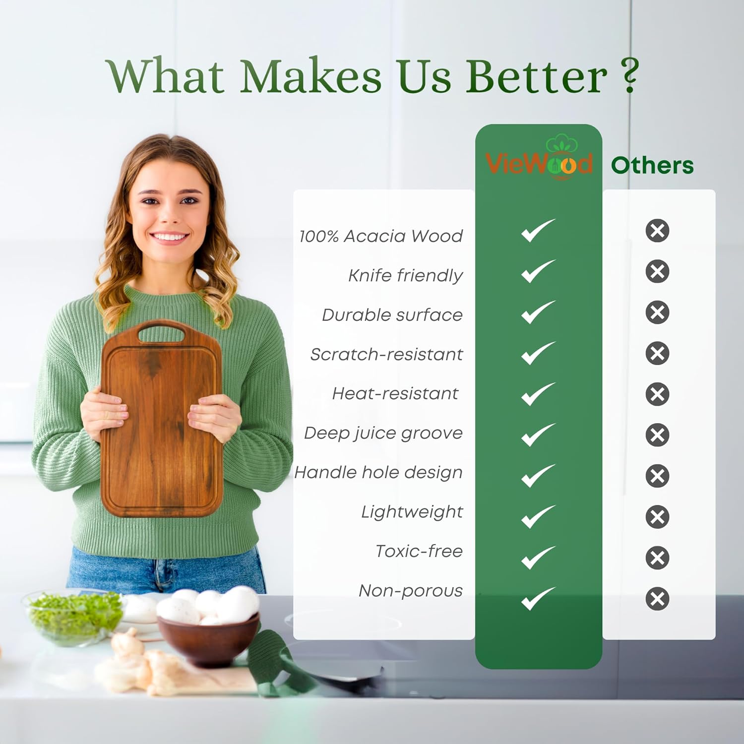 VieWood Acacia Wood Cutting Board with Juice Groove, Hanging Hole & Grip Handle for Meat, Vegetables and Cheese, Knife Friendly, Caperci Better Wood Chopping Board - Image 6