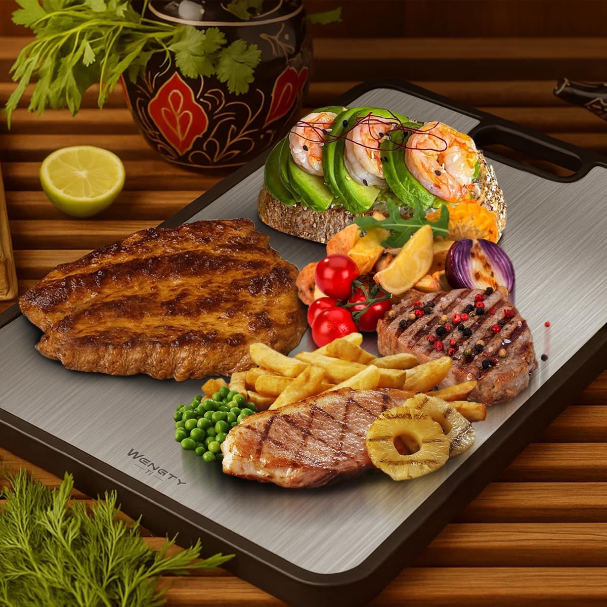 WENGTY Titanium Cutting Boards for Kitchen, Double Sided Food-Grade Pure Titanium&Wheat Straw PP, Non-Toxic, Non-Slip, Dishwasher Safe, Ideal for Meat, Vegetables, Fruit 15.8 x 11'' - Image 2