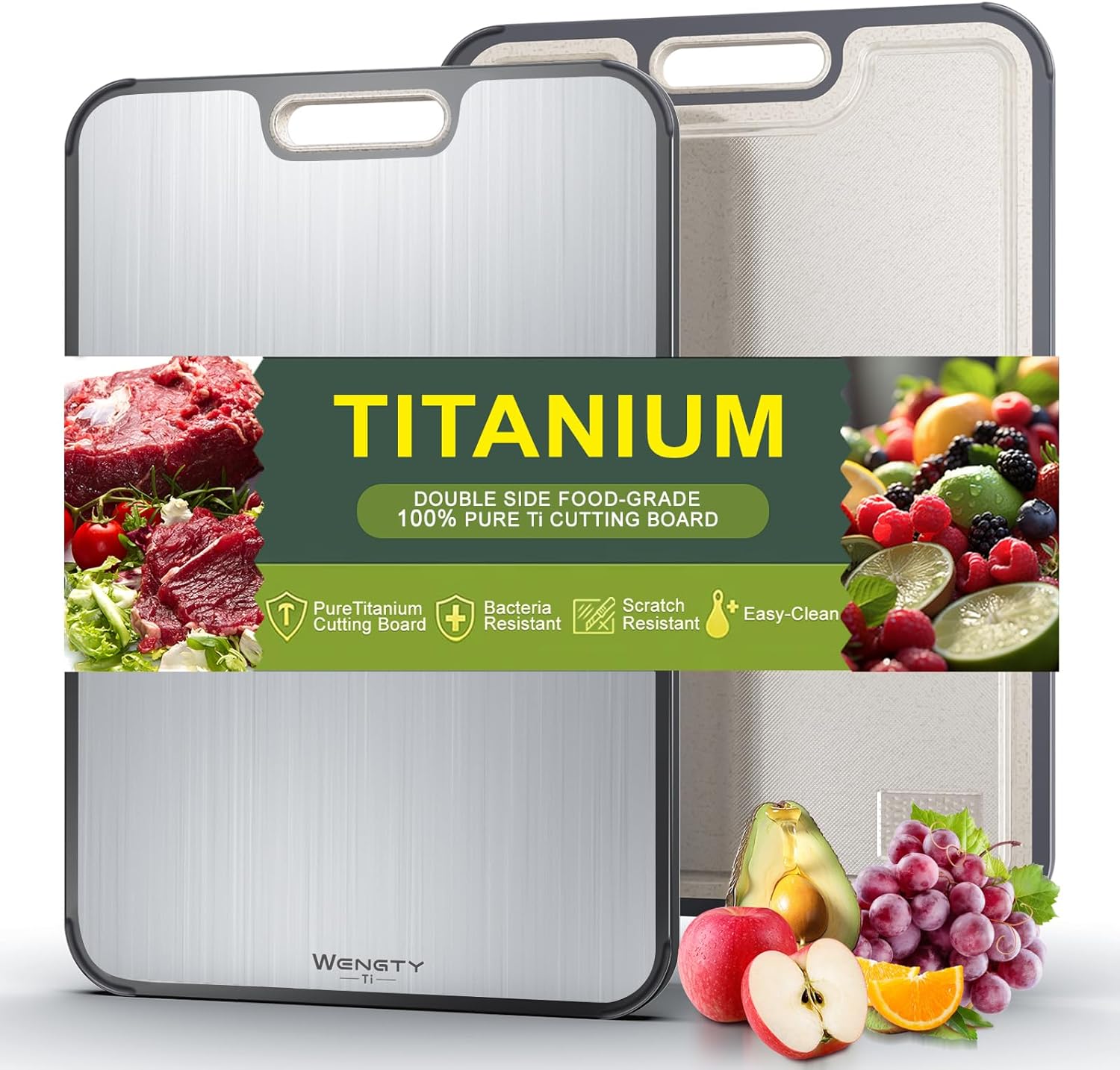 WENGTY Titanium Cutting Boards for Kitchen, Double Sided Food-Grade Pure Titanium&Wheat Straw PP, Non-Toxic, Non-Slip, Dishwasher Safe, Ideal for Meat, Vegetables, Fruit 15.8 x 11''