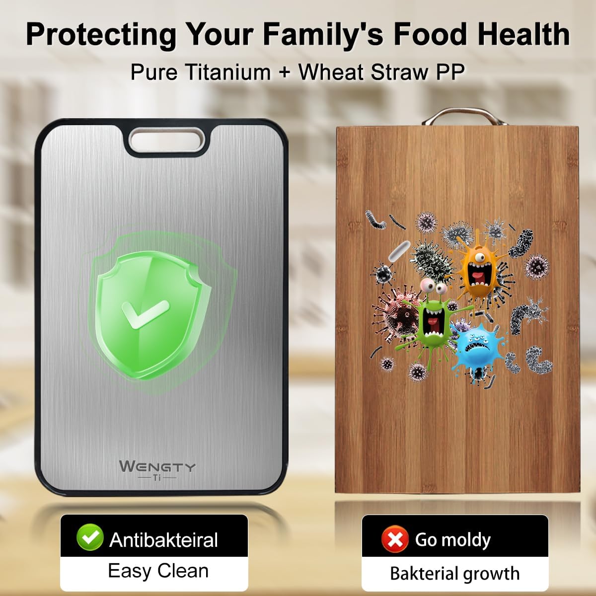 WENGTY Titanium Cutting Boards for Kitchen, Double Sided Food-Grade Pure Titanium&Wheat Straw PP, Non-Toxic, Non-Slip, Dishwasher Safe, Ideal for Meat, Vegetables, Fruit 15.8 x 11'' - Image 4