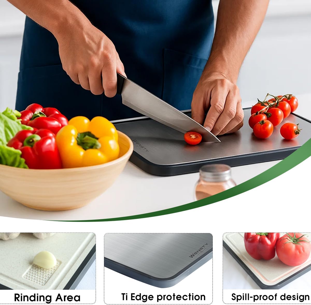WENGTY Titanium Cutting Boards for Kitchen, Double Sided Food-Grade Pure Titanium&Wheat Straw PP, Non-Toxic, Non-Slip, Dishwasher Safe, Ideal for Meat, Vegetables, Fruit 15.8 x 11'' - Image 9
