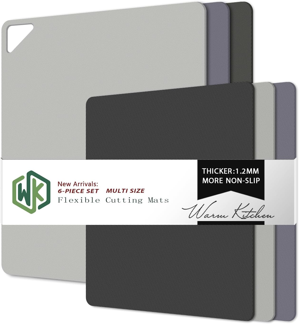 WK Flexible Plastic Cutting Boards for Kitchen Set of 6, Non Slip Cutting Board Mats with Hole, Cutting Boards for Meat, BPA Free, Dishwasher Safe, Multi Size