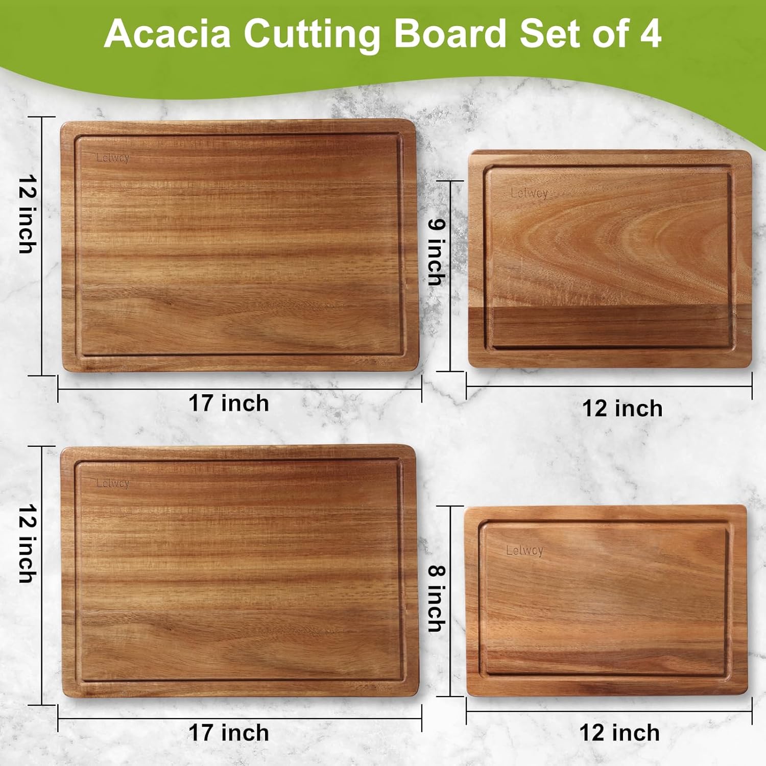Wood Cutting Boards for Kitchen, Large Cutting Board Set of 4, Wooden Cutting Boards with Juice Grooves, Chopping Board for Meat, Veggies, Easy Grip Handle (double 17x12, 12x9, 12x8 inch) - Image 3