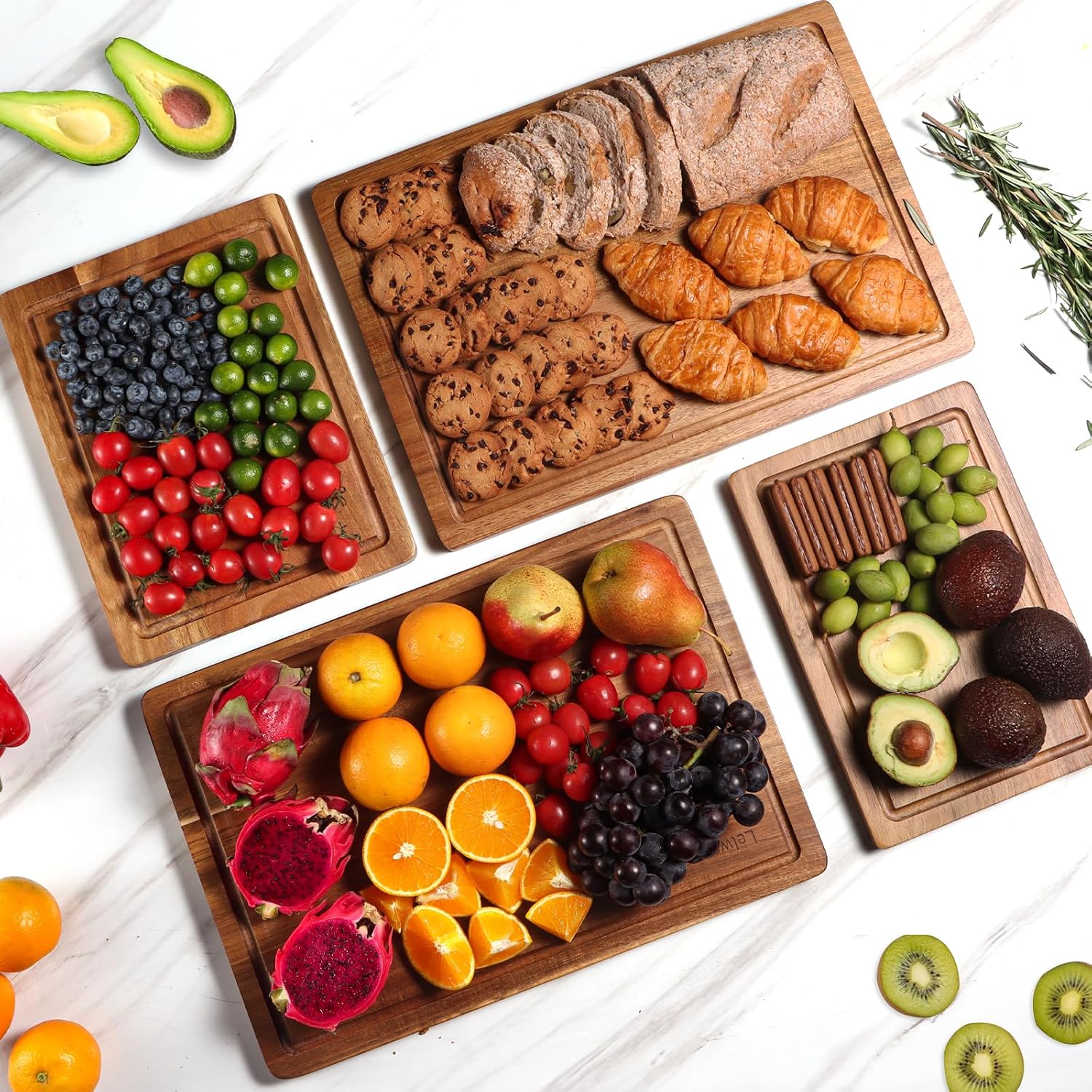 Wood Cutting Boards for Kitchen, Large Cutting Board Set of 4, Wooden Cutting Boards with Juice Grooves, Chopping Board for Meat, Veggies, Easy Grip Handle (double 17x12, 12x9, 12x8 inch) - Image 2