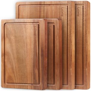 Wood Cutting Boards for Kitchen, Large Cutting Board Set of 4, Wooden Cutting Boards with Juice Grooves, Chopping Board for Meat, Veggies, Easy Grip Handle (double 17x12, 12x9, 12x8 inch)