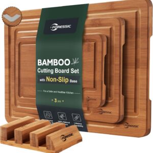 Wooden Cutting Board Set 3 Packs with Non Slip Feet Holder and Over Sink Nice Solid Thick Durable Wood Cutting Boards for Kitchen Extra Large Small Vegetables and Fruits Kitchen Gifts (Carbonized