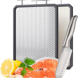 ZIGFEIN Stainless Steel Cutting Board 14.8\u2033×10.8\u2033, Dual\u2011Sided with Wheat Straw Texture & Smooth Metal, Non\u2011Slip Edge & Handle